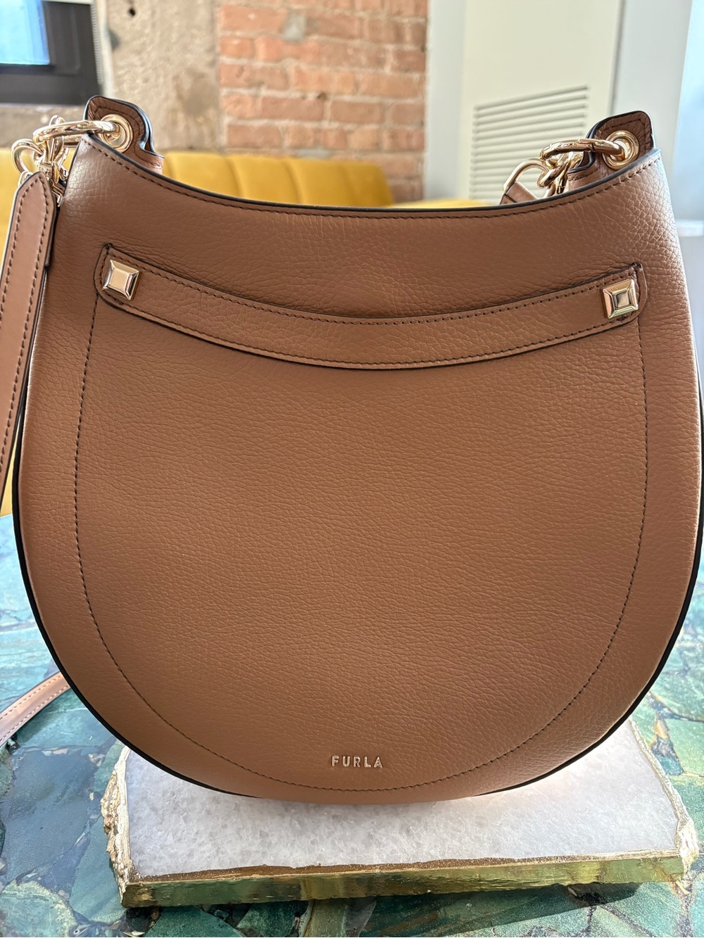 Furla Tan Pebbled Leather Crescent Shoulder Bag